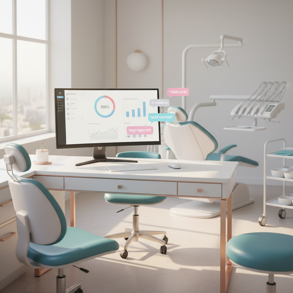 Modern dental clinic workspace with computer displaying dental dashboard, dental chair, and tools.