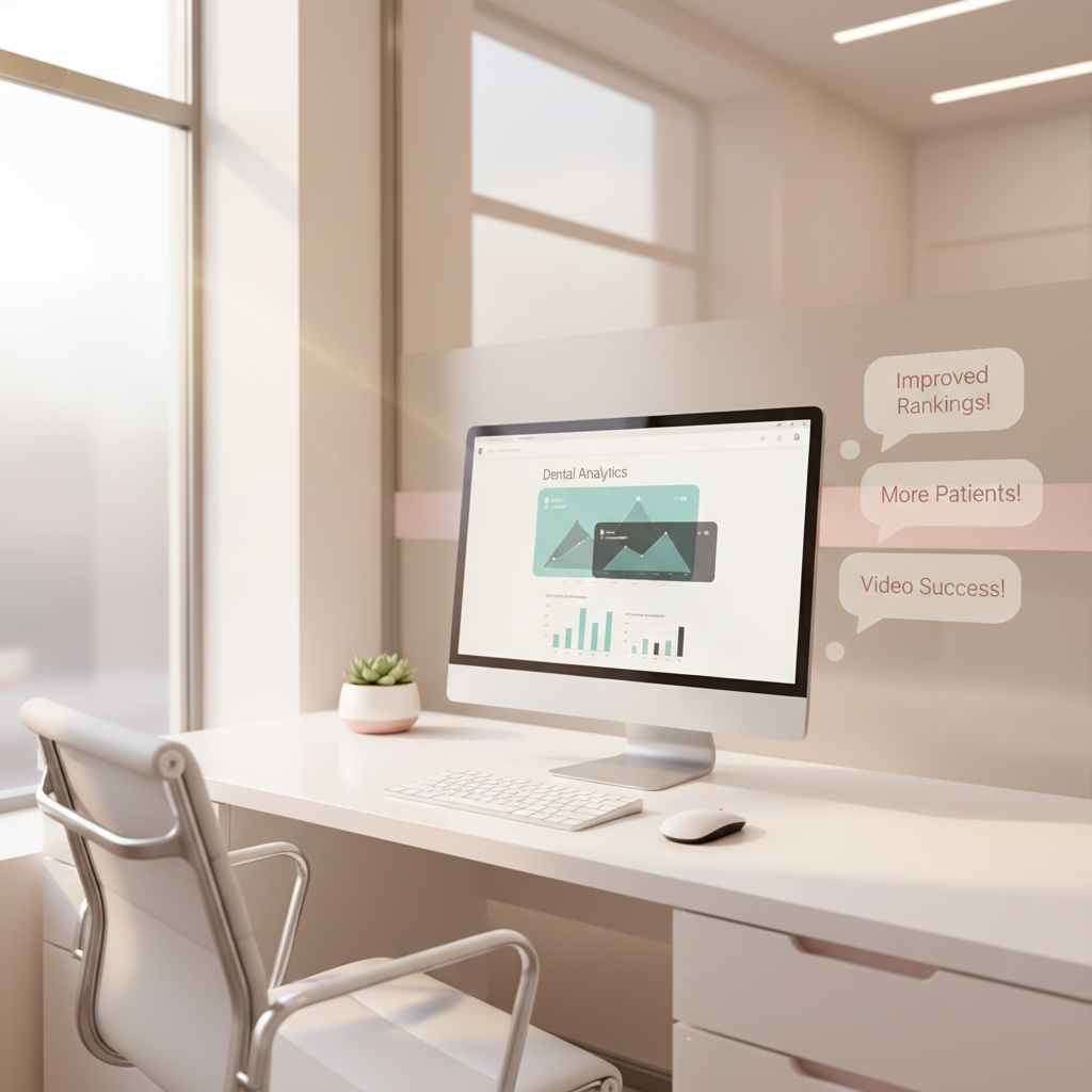 Modern dental clinic workspace with computer displaying growth charts and testimonial bubbles.