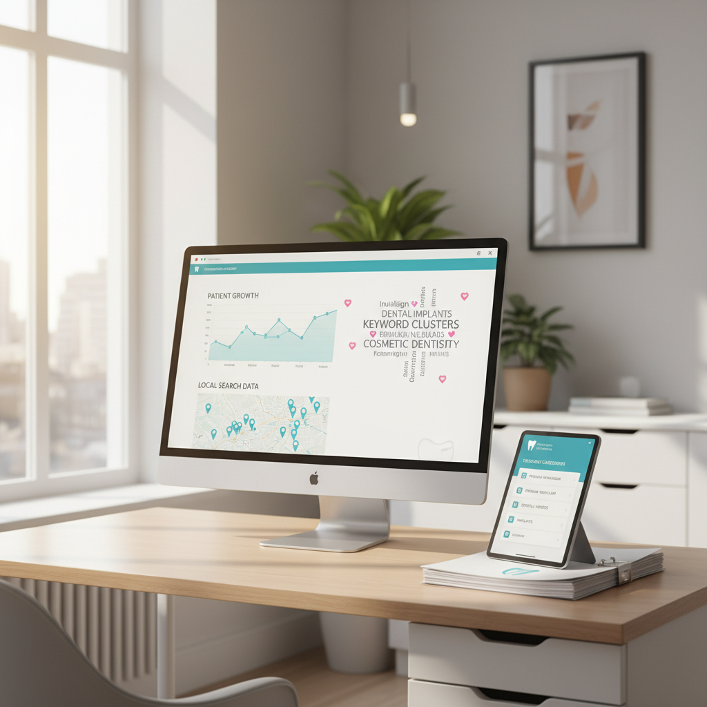 Modern dental clinic workspace with computer displaying growth charts and treatment data.