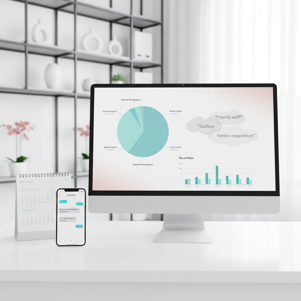 Modern dental clinic workspace with computer, smartphone, calendar, and patient engagement elements.
