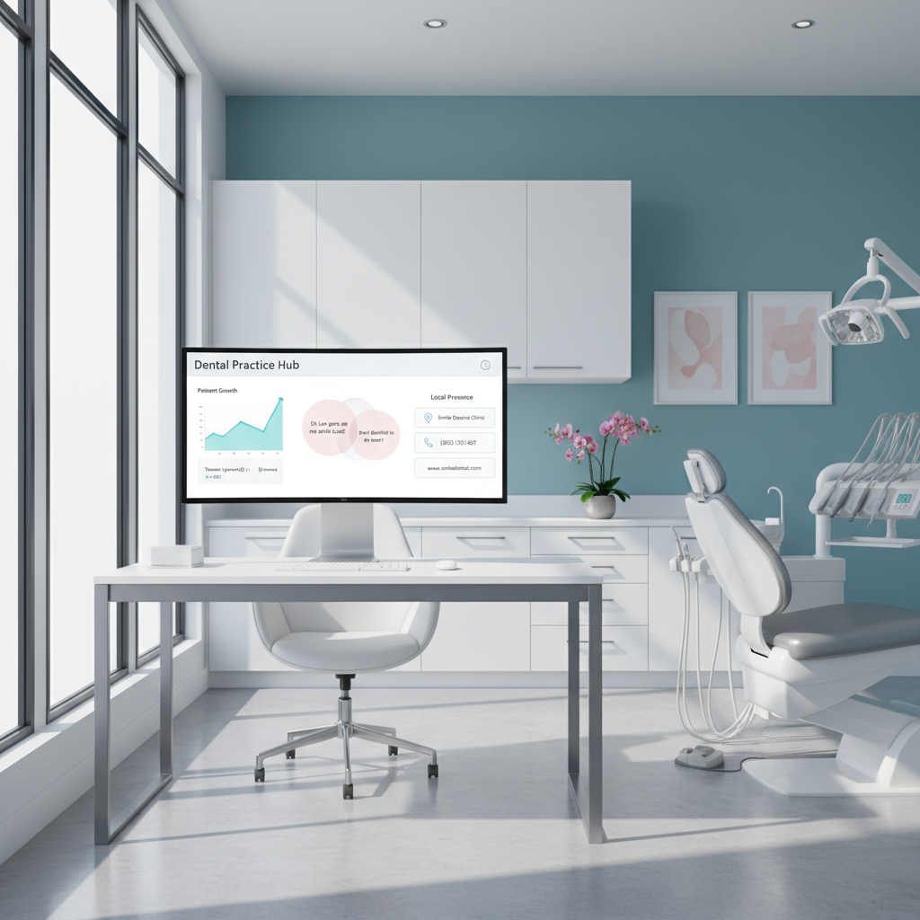Modern dental clinic workspace with digital dashboard, growth charts, and testimonials in bright, clean setting.