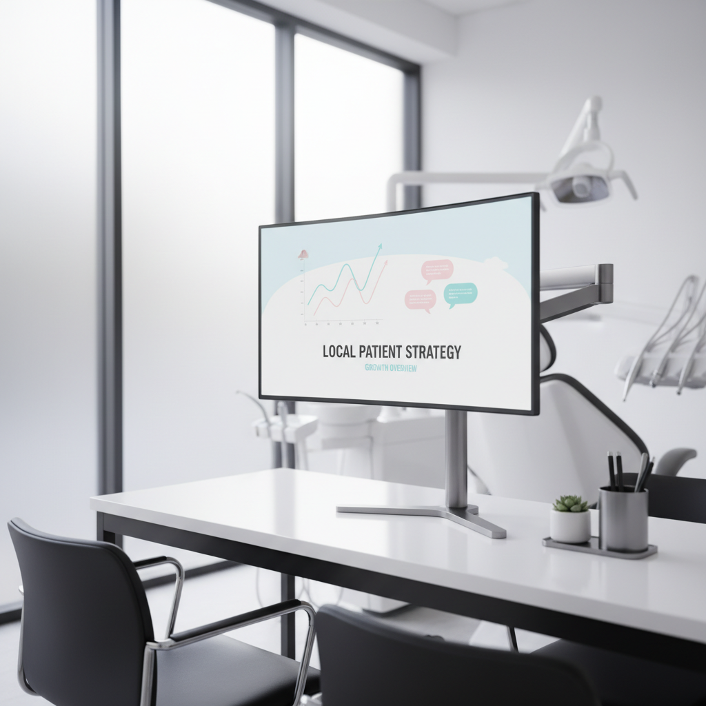 Modern dental clinic workspace with digital dashboard, white and pink accents, and calming blue tones.