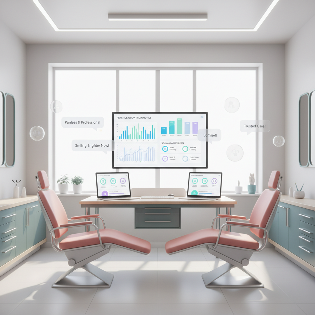 Modern dental clinic workspace with digital dashboard, devices, and trust-building testimonials.