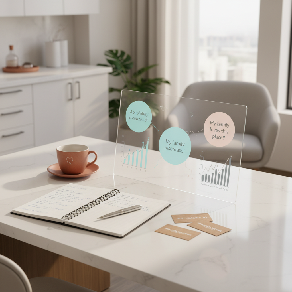 Modern dental clinic workspace with digital dashboard, notebook, pen, and coffee cup in bright lighting.