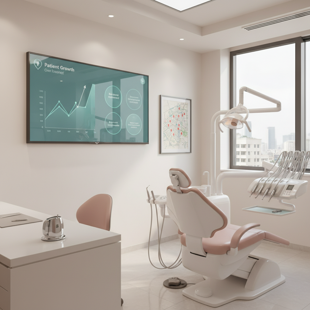 Modern dental clinic workspace with digital dashboard, treatment area, city map, and dental tools.