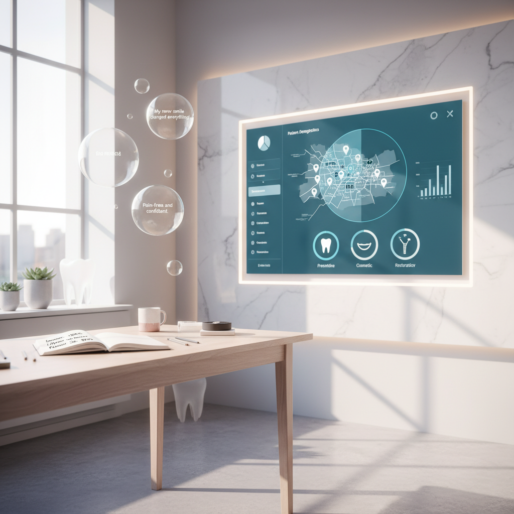 Modern dental clinic workspace with digital dashboard, notes, and testimonial bubbles in bright, clean tones.