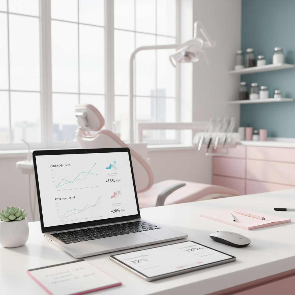 Modern dental clinic workspace with laptop displaying growth charts and notes.