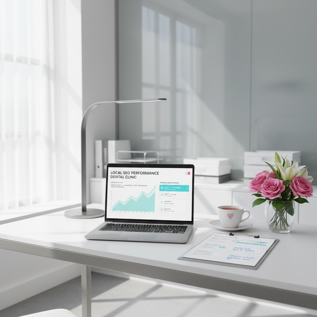 Modern dental clinic workspace with laptop, treatment plans, coffee, and flowers in bright lighting.