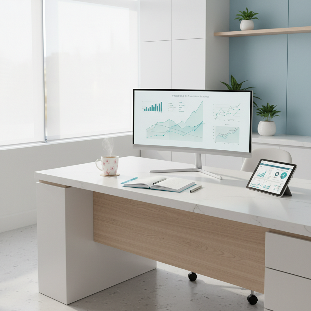 Modern dental clinic workspace with monitor, notebook, mug, and tablet on white surface.