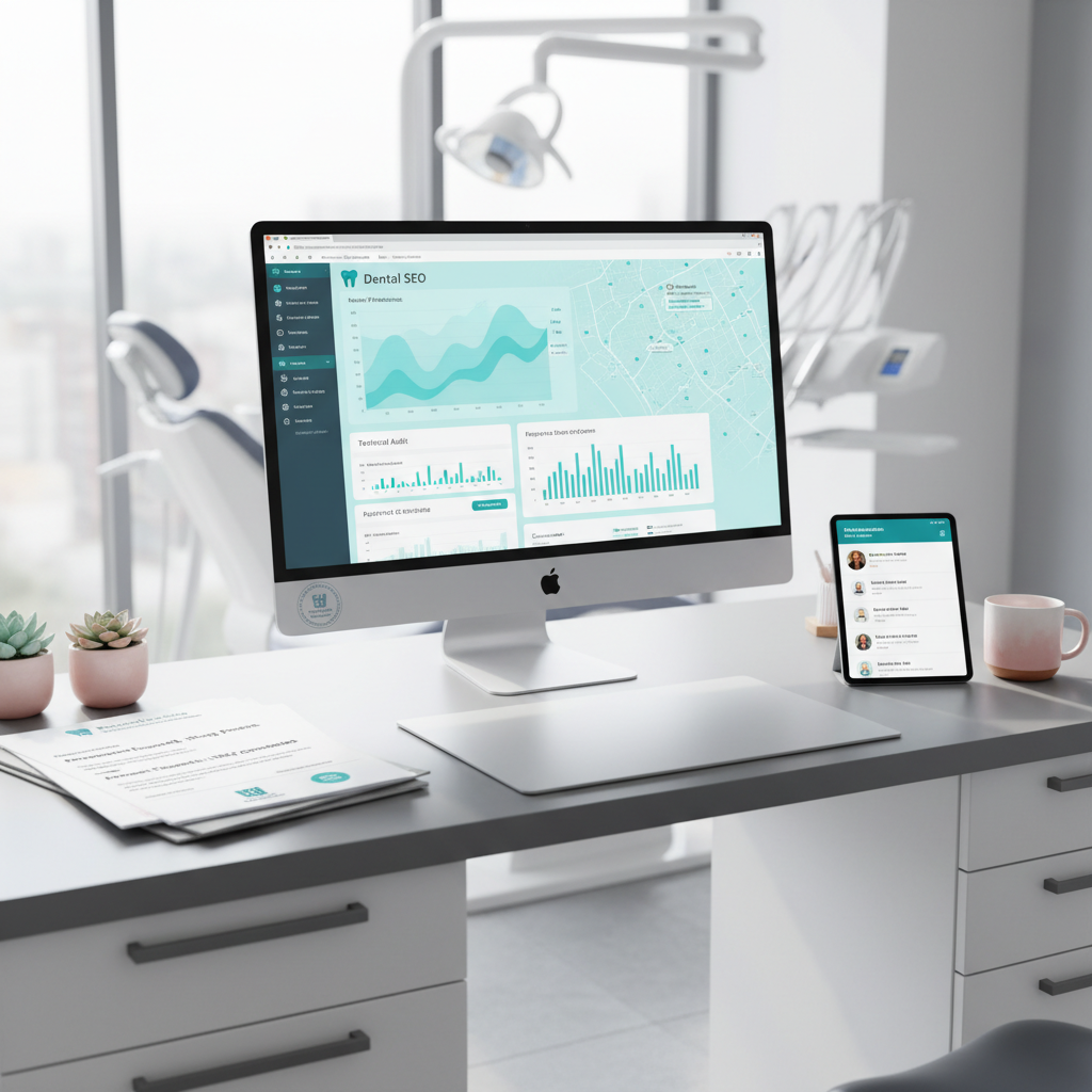 Modern dental clinic workspace with SEO dashboard, reports, and content on a sleek desk.