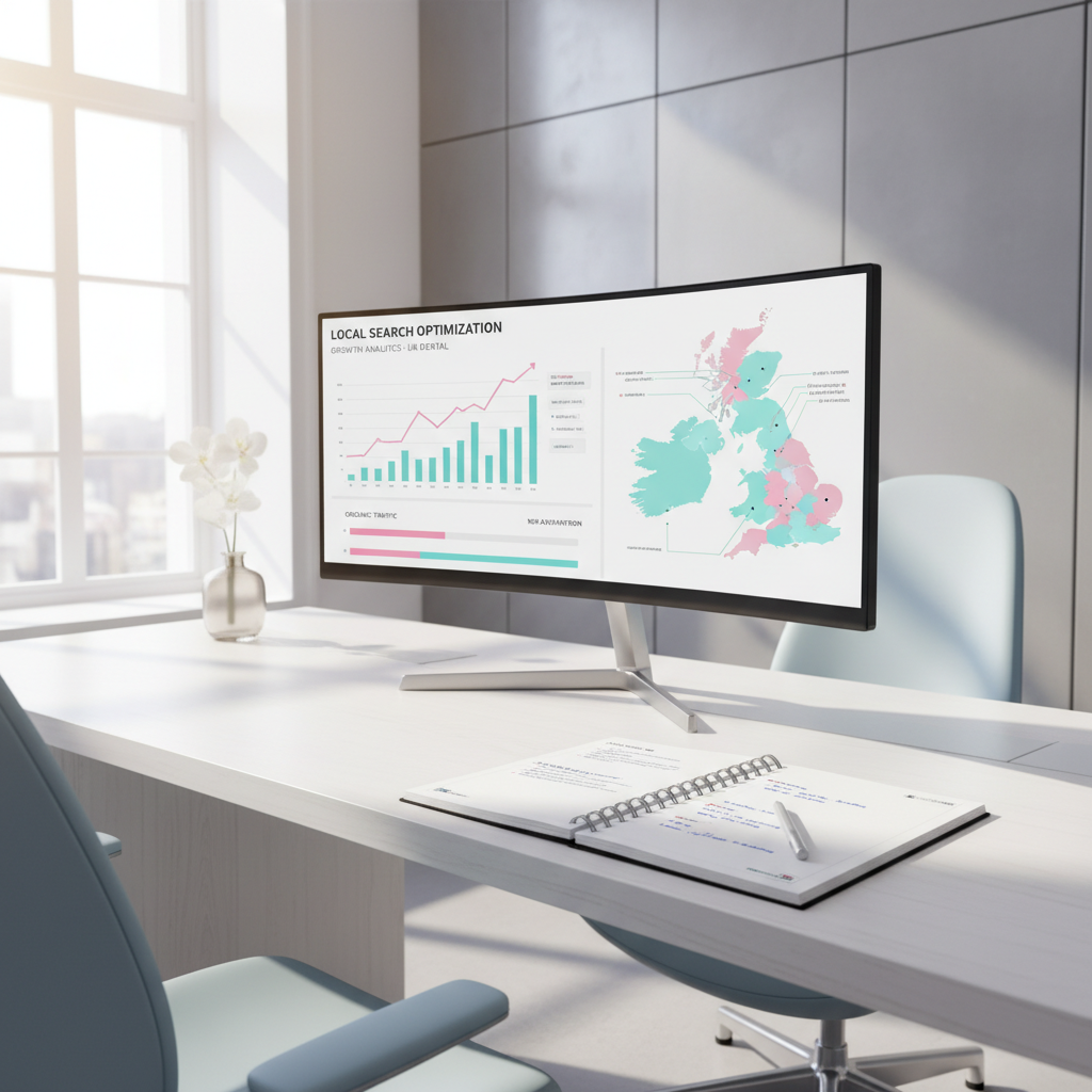 Modern dental clinic workspace with SEO dashboard, notes, and UK map in bright, clean setting.