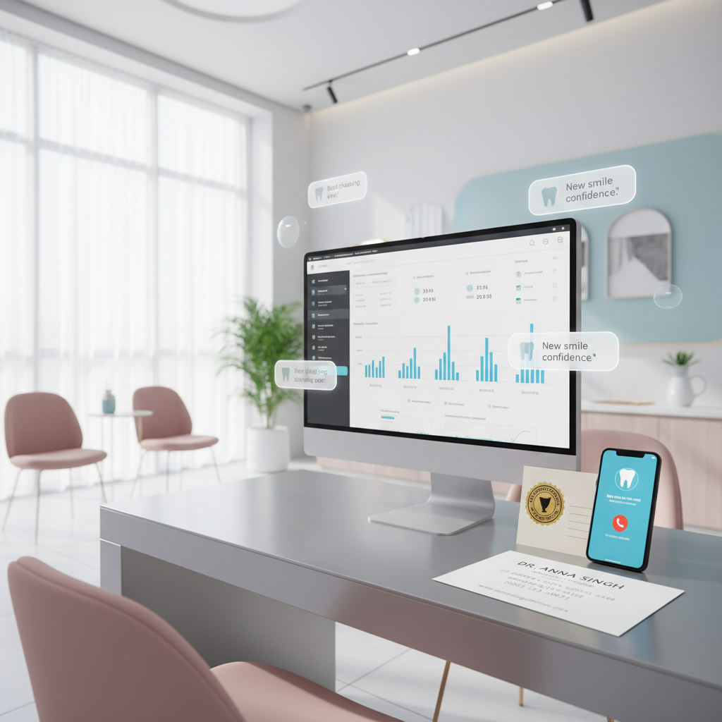 Modern dental office with digital dashboard, testimonial bubbles, contact info, and smartphone.