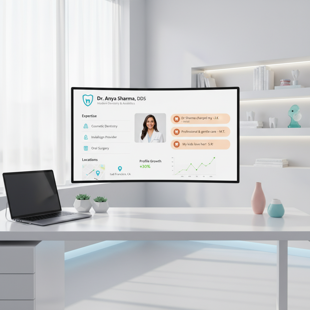 Modern dental office with digital workspace displaying a professional LinkedIn profile and growth chart.