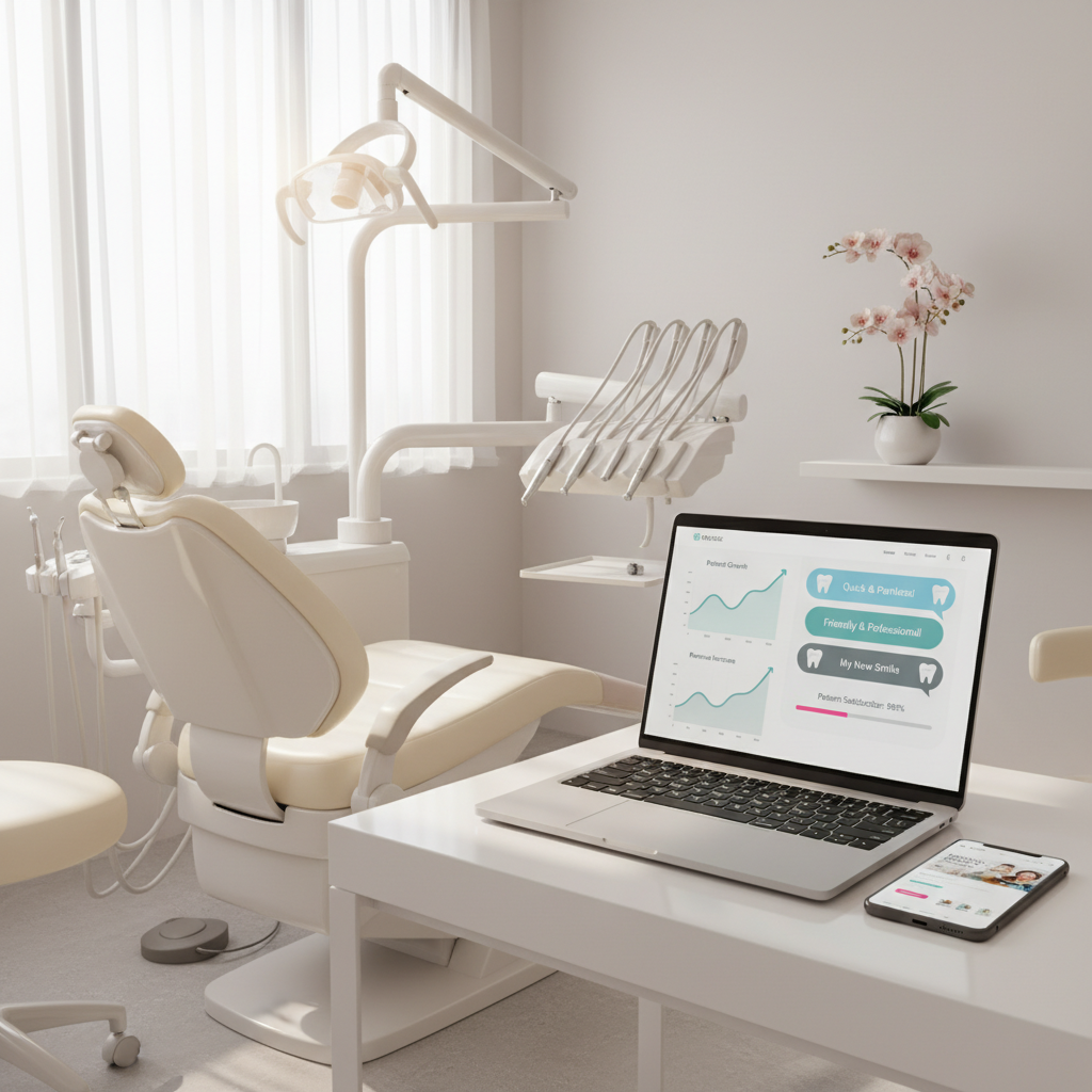 Modern dental treatment room with laptop, smartphone, dental tools, and trust-enhancing decor.