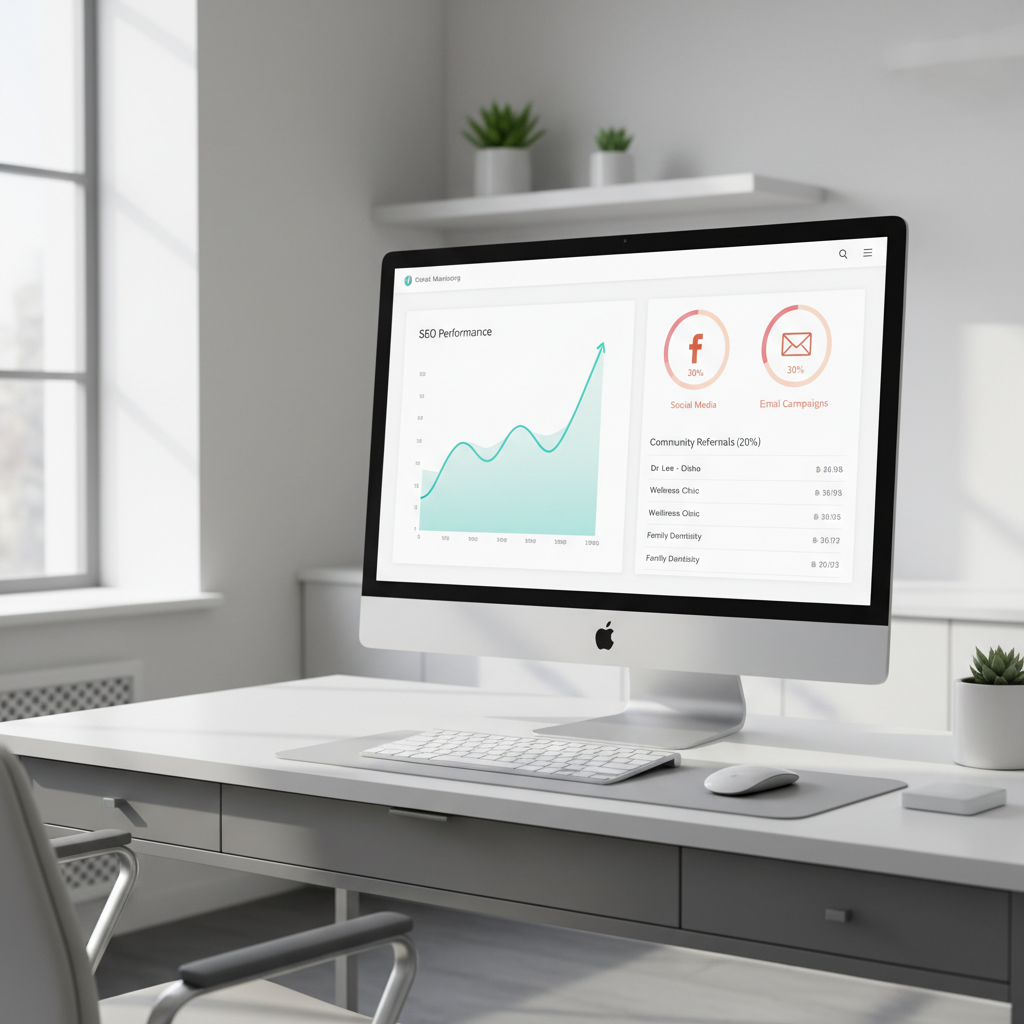 Modern dental workspace with a computer displaying a marketing dashboard and growth metrics.
