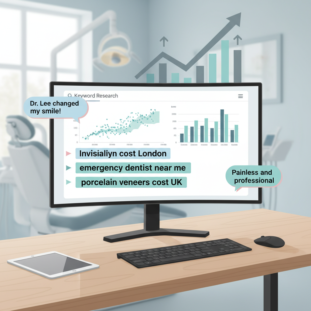 Modern dental workspace with computer displaying keyword research and testimonial bubbles.