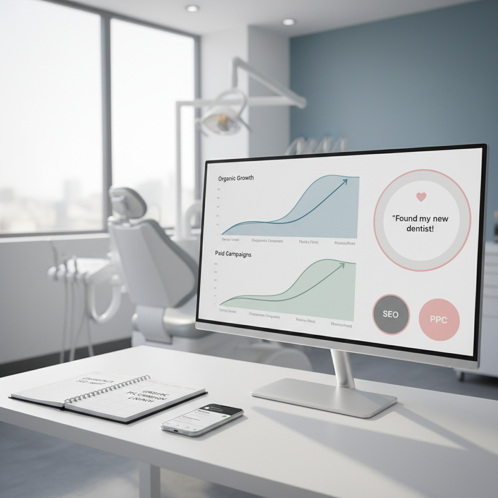 Modern dental workspace with digital charts, testimonial bubbles, planner, and smartphone in bright, clinical setting.