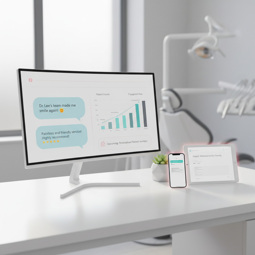 Modern dental workspace with digital dashboard, smartphone, and tablet in bright, clinical tones.