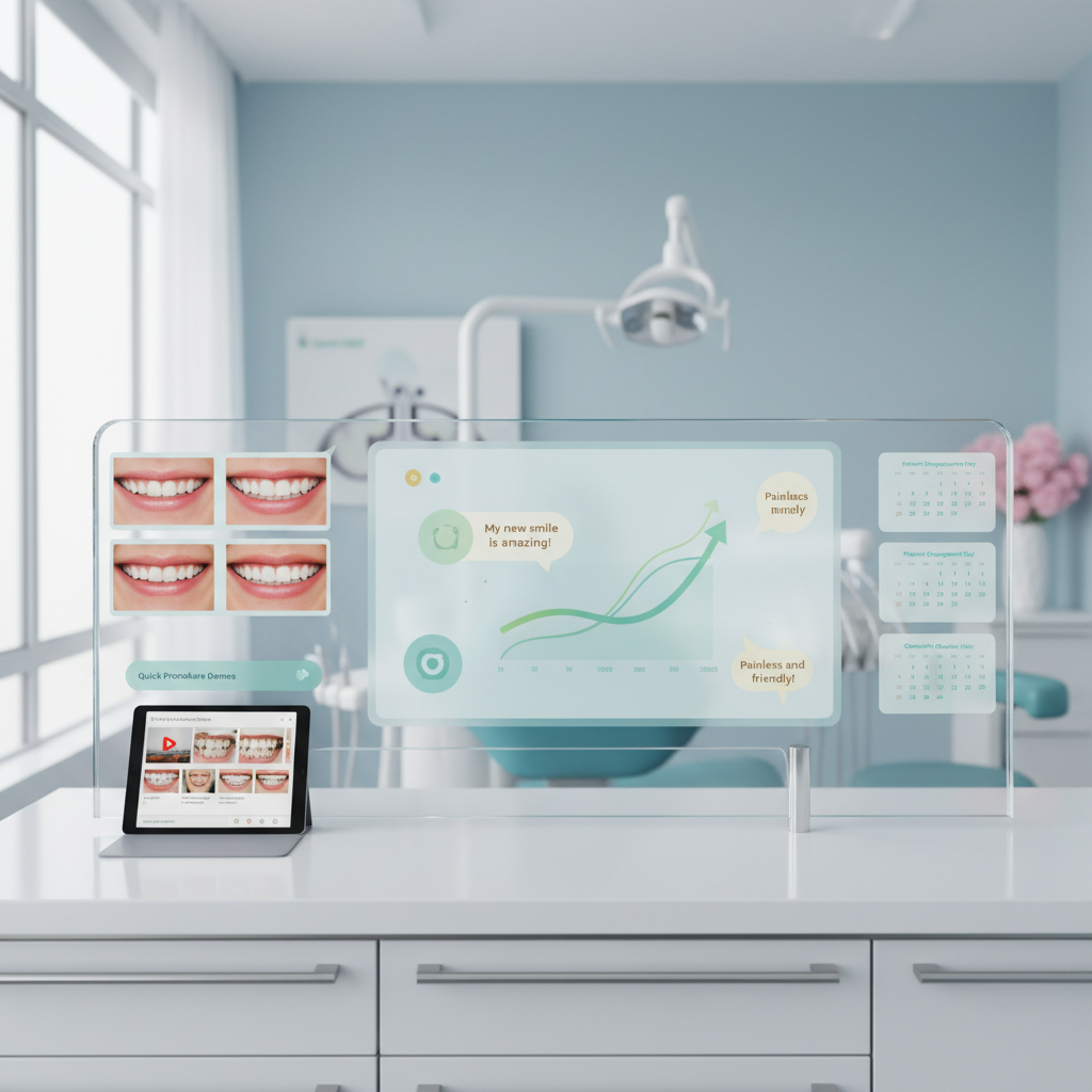 Modern dental workspace with digital dashboard, smile photos, video thumbnails, and calendar.
