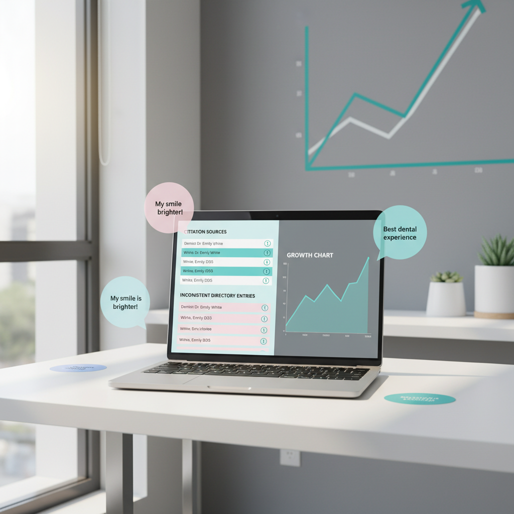 Modern dental workspace with laptop displaying dashboard, testimonial bubbles, and growth chart in clinical tones.