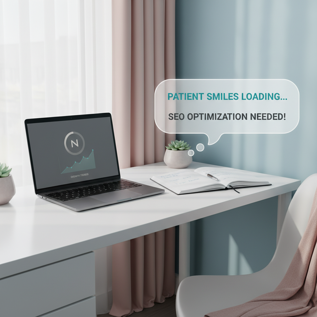 Modern dental workspace with laptop, notes, and testimonial bubble in bright, clean clinic setting.
