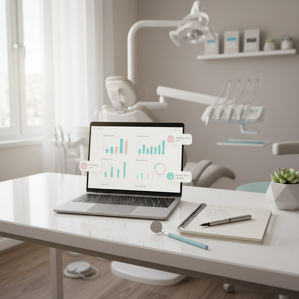 Modern dental workspace with laptop, notes, pen, and mirror in bright, clinical setting.
