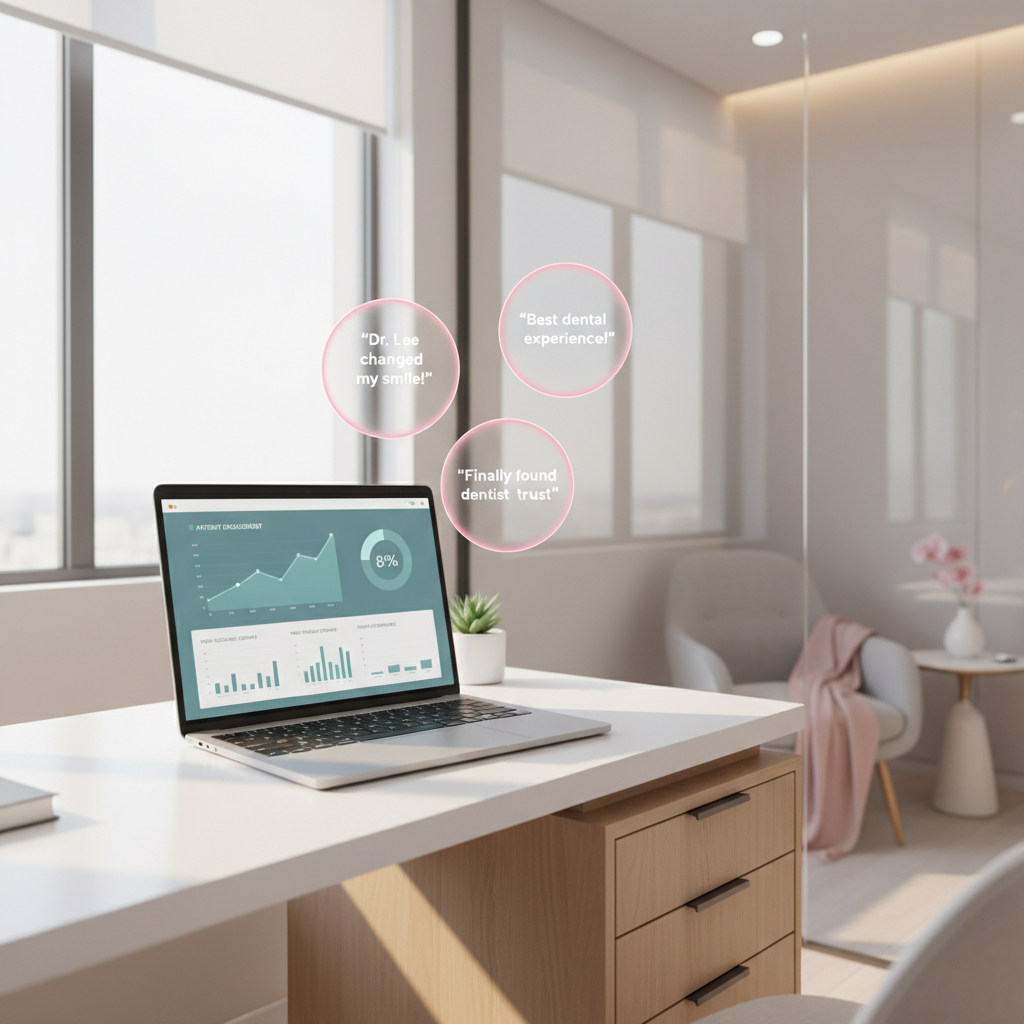 Modern dental workspace with laptop showing patient metrics, consultation room, and testimonial bubbles.