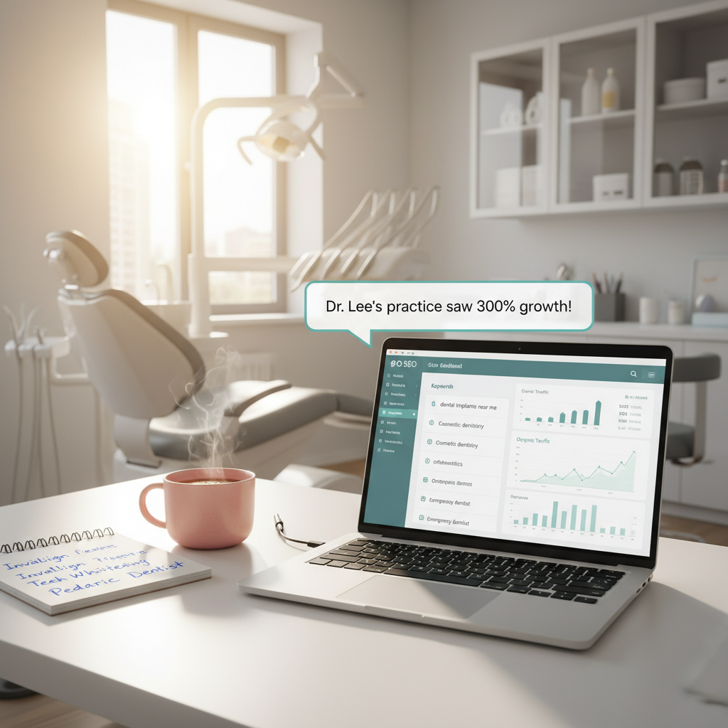 Modern dental workspace with laptop showing SEO dashboard, notepad, mug, and dental clinic background.