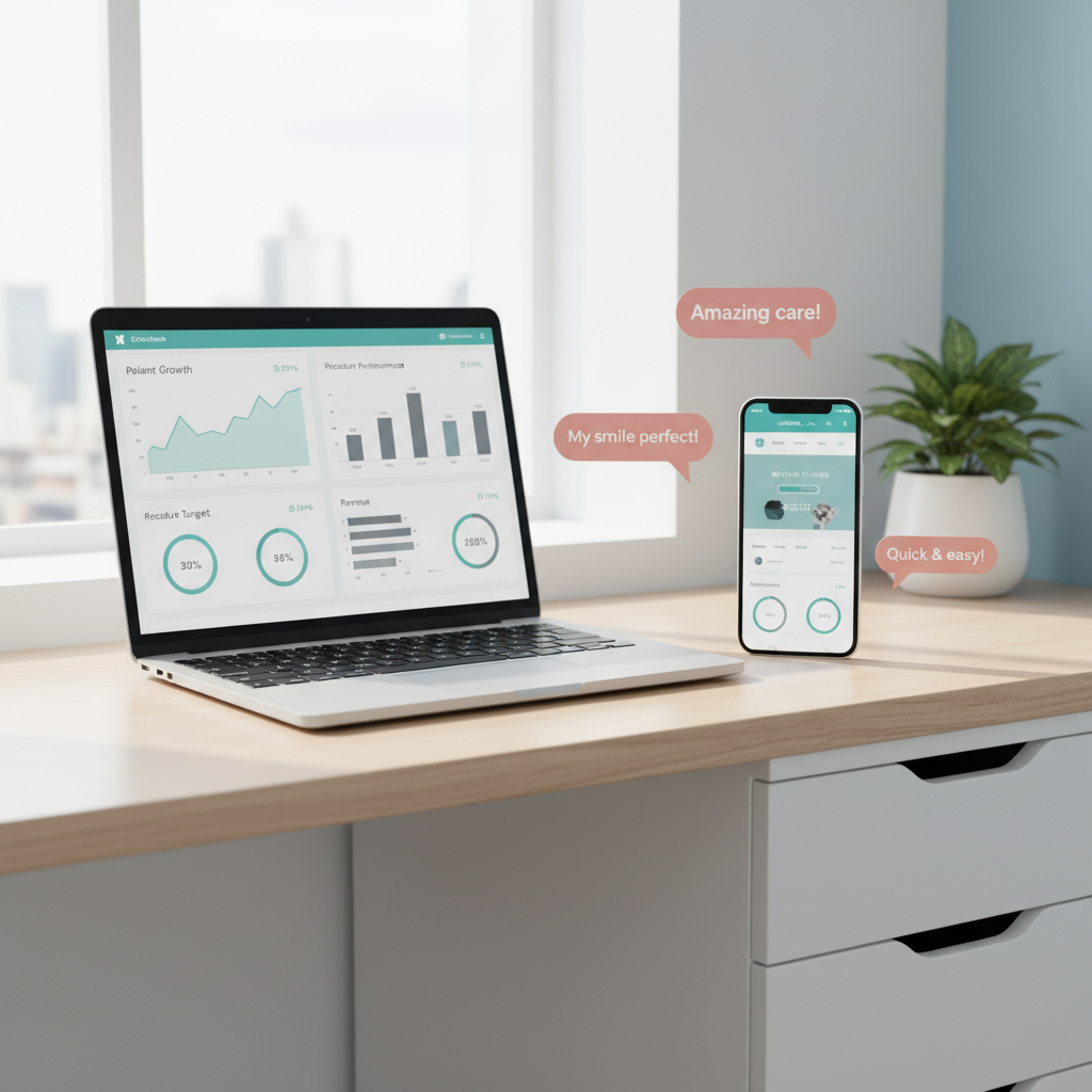 Modern dental workspace with laptop, smartphone, testimonial bubbles, in bright, clinical setting.