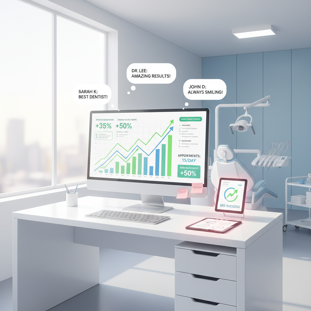 Modern dental workspace with monitor displaying growth chart, testimonial bubbles, and treatment room background.