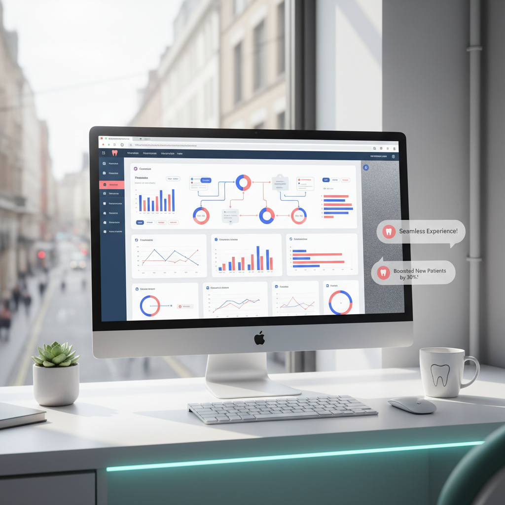 Modern dental workspace with monitor displaying marketing dashboard and patient data.