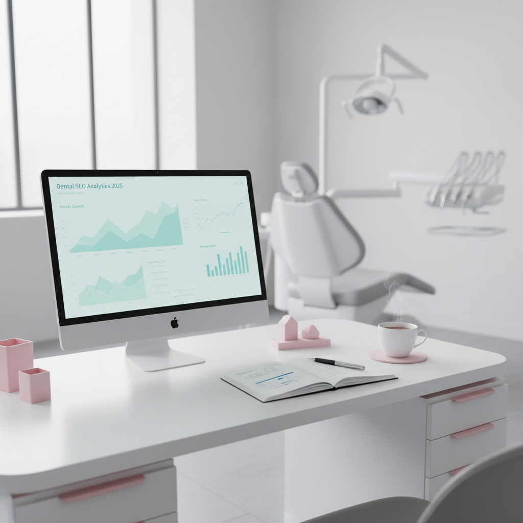 Modern dental workspace with monitor, notes, tea, and clinical tools in bright, clean setting.