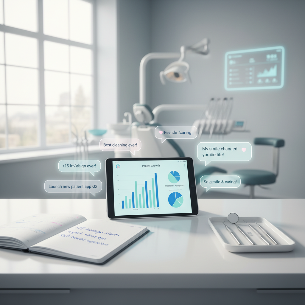Modern dental workspace with planner, tablet, tools, and treatment room background in bright clinic lighting.