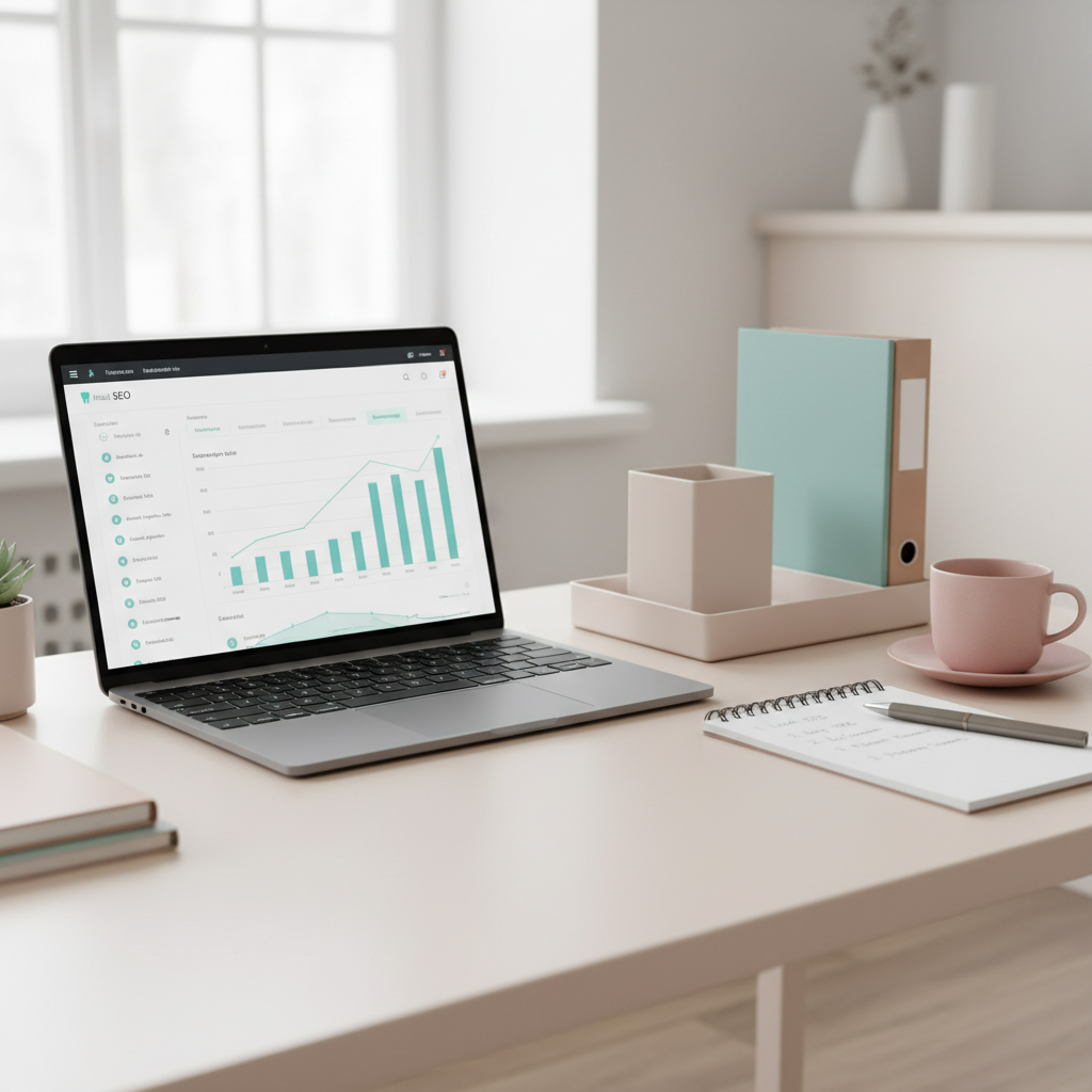 Modern dental workspace with SEO dashboard, notebook, pen, and pink coffee cup.