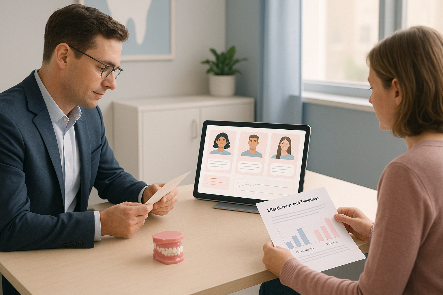 Modern orthodontic consultation room with professionals reviewing digital patient profiles and charts.