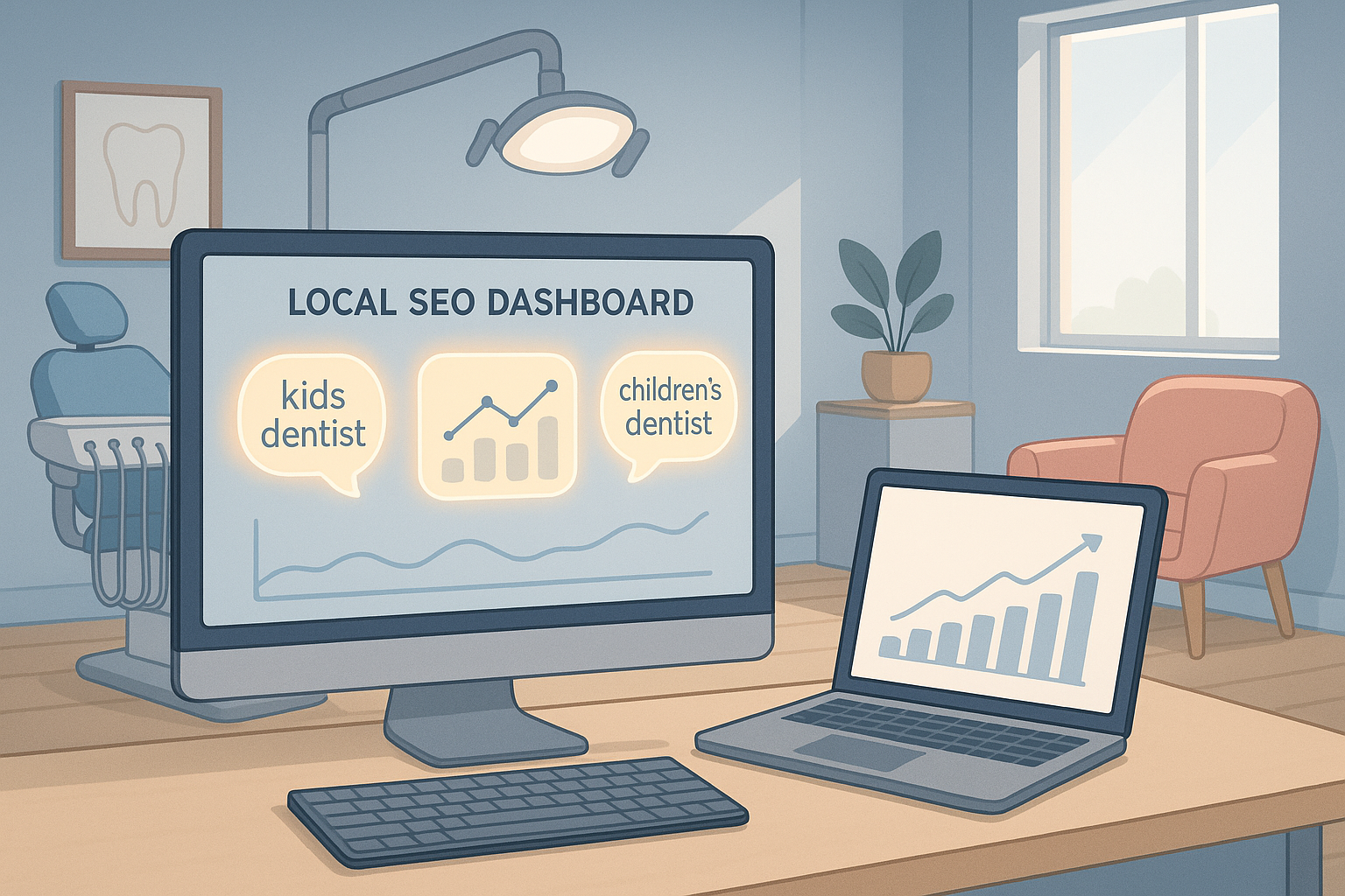 Modern pediatric dental office with SEO dashboard, growth chart, and child-friendly decor.