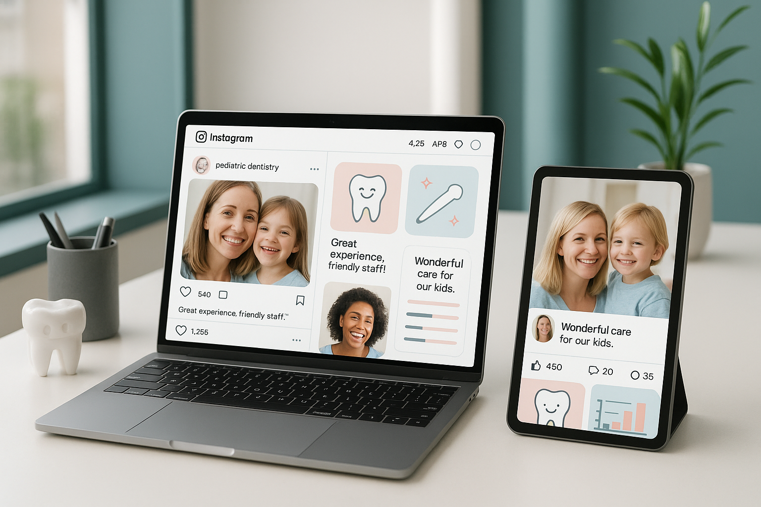 Modern pediatric dental office workspace with laptop, tablet, and social media testimonials.