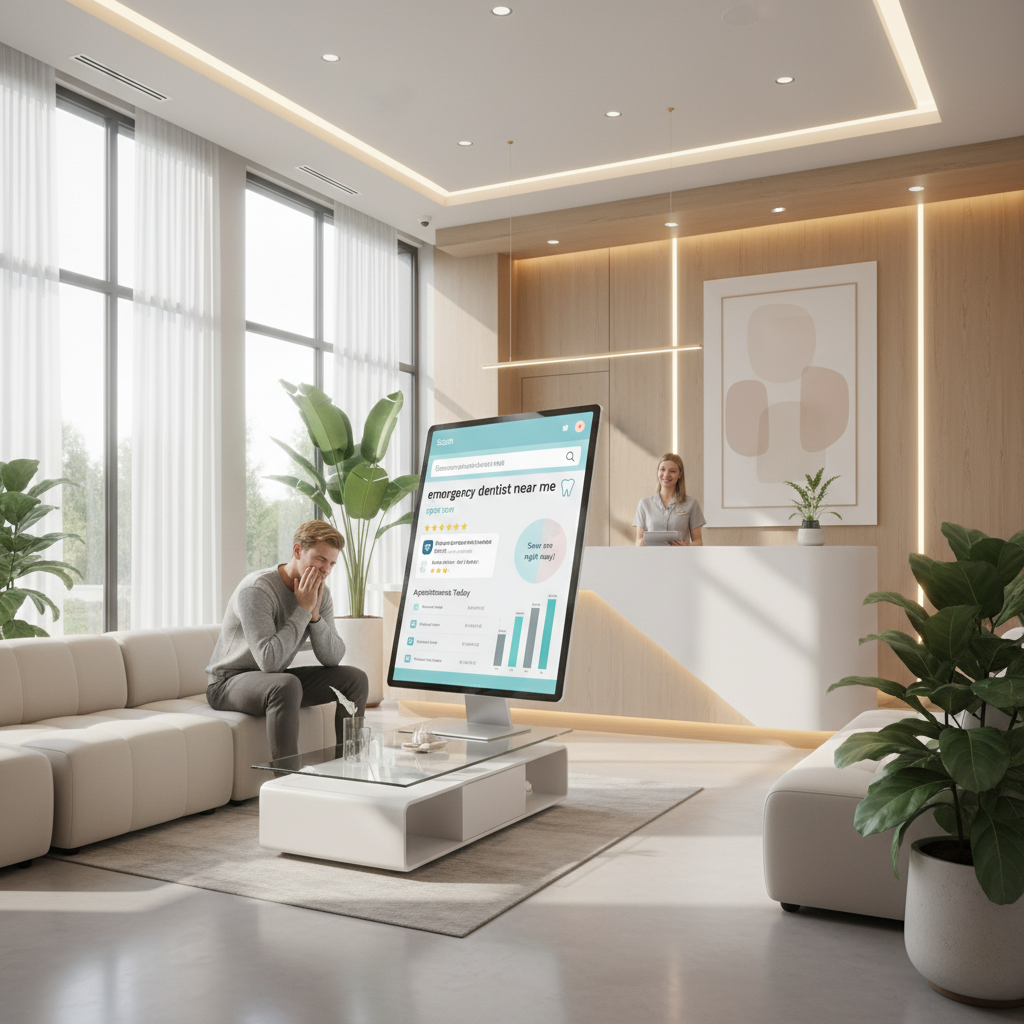 Patient holding cheek in dental clinic reception with digital screen showing emergency search and charts.