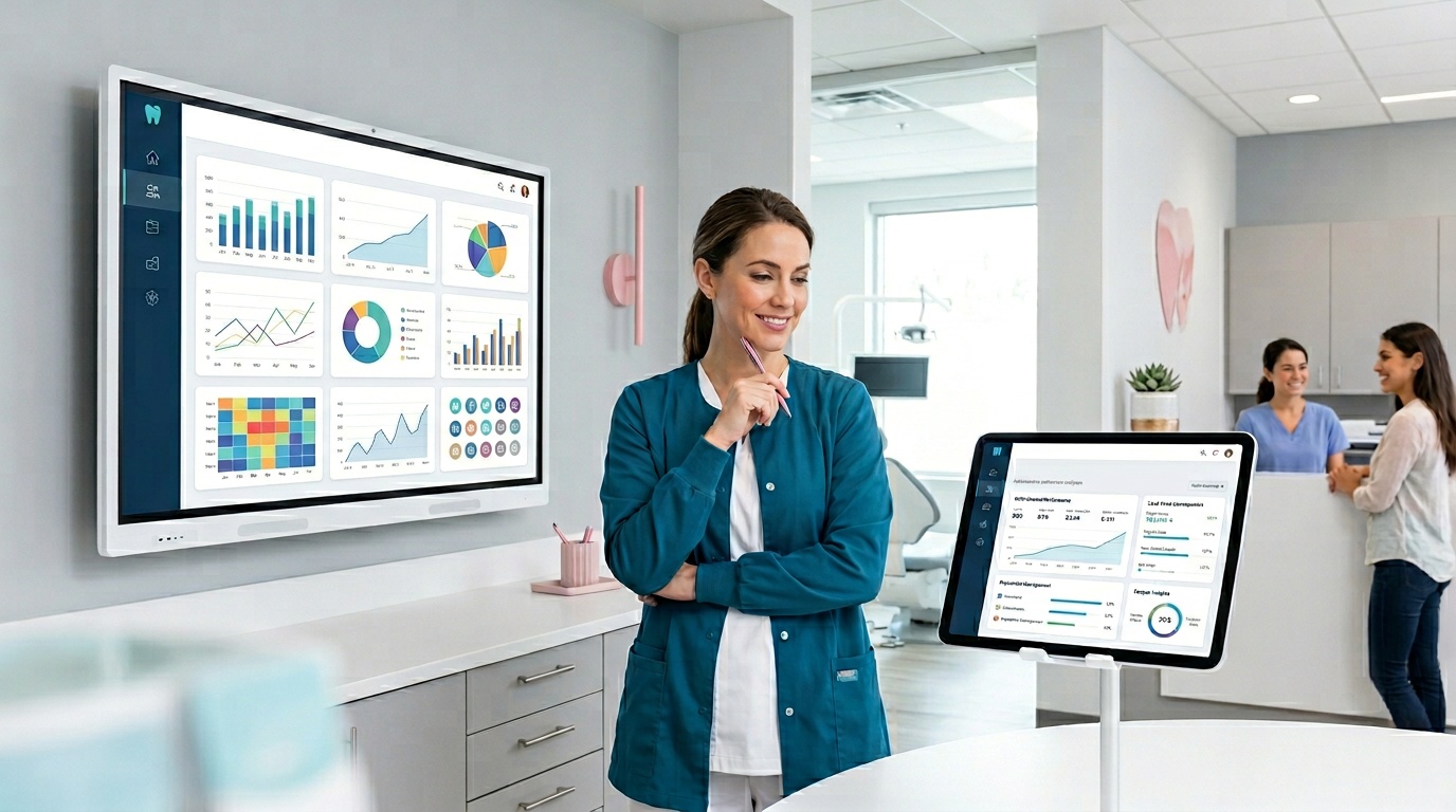 UK dental practice owner comparing SEO management options on a whiteboard, choosing between DIY, hybrid, and full-service agency approaches.