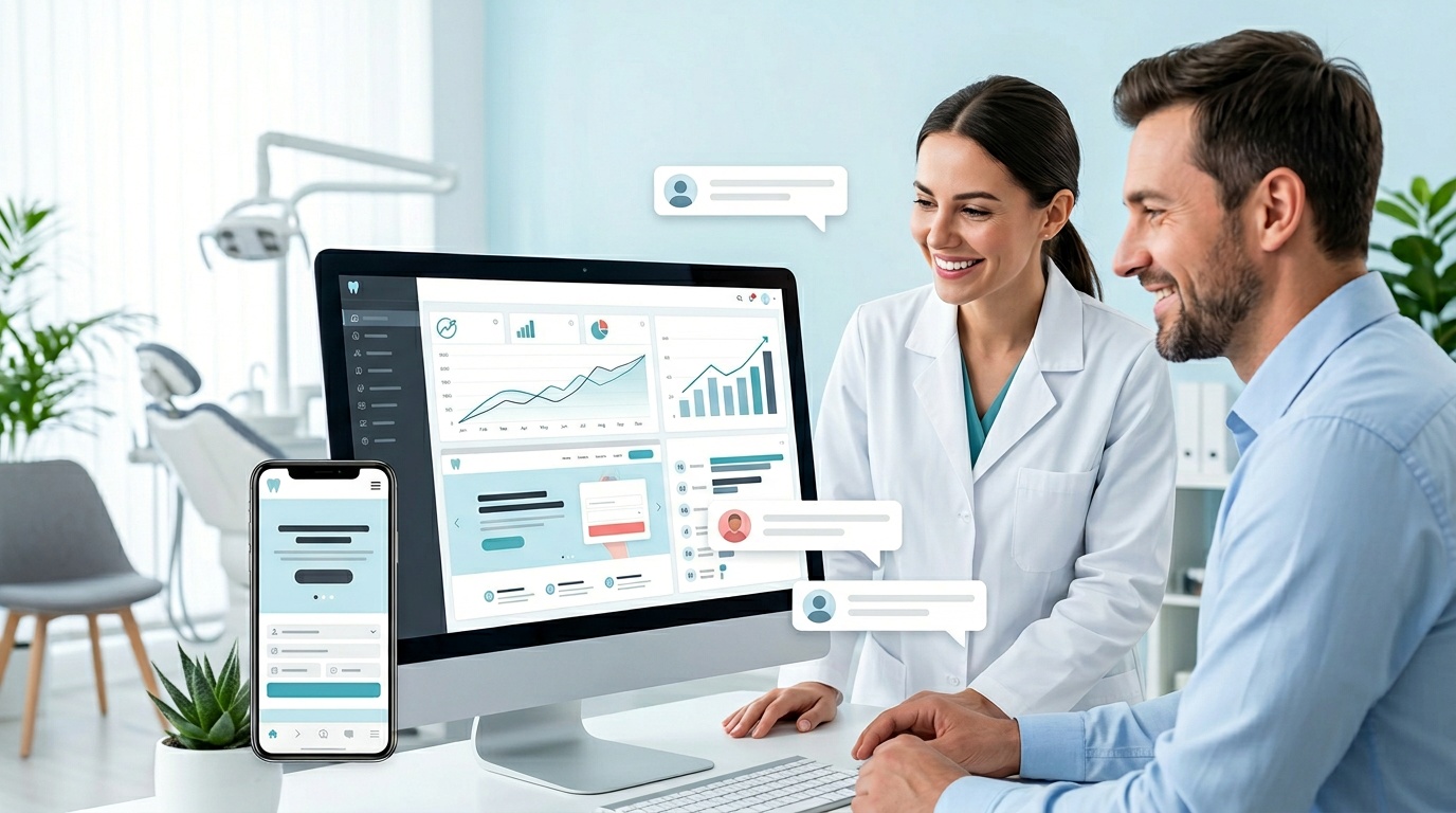 Dental practice owner reviewing website analytics showing increased patient bookings