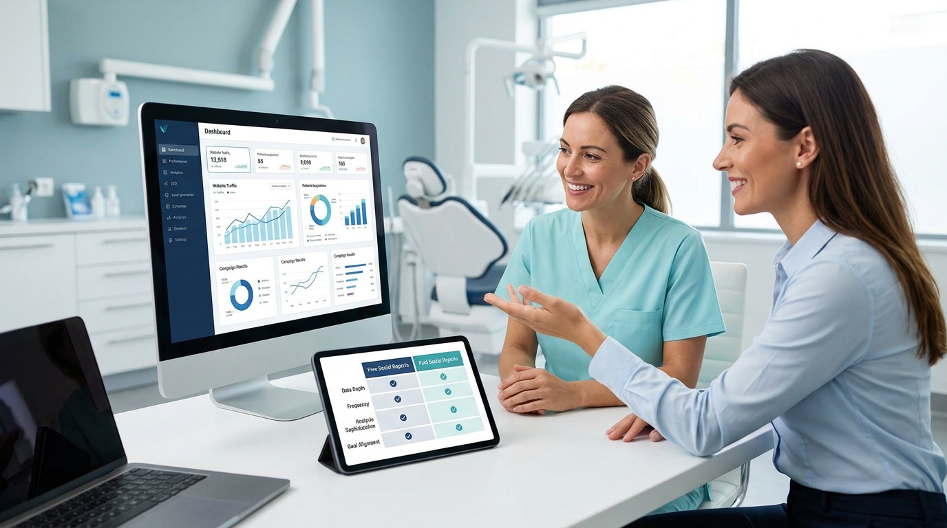 Benefits of Dental practice SEO free social reports vs paid