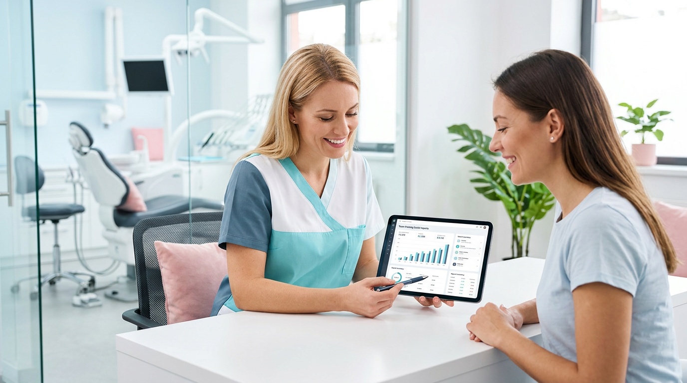 Dental team reviewing a free social media report and patient acquisition actions