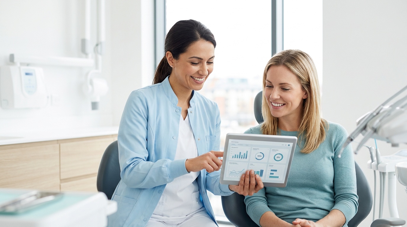 Dentist reviewing the information needed for a free online reputation report