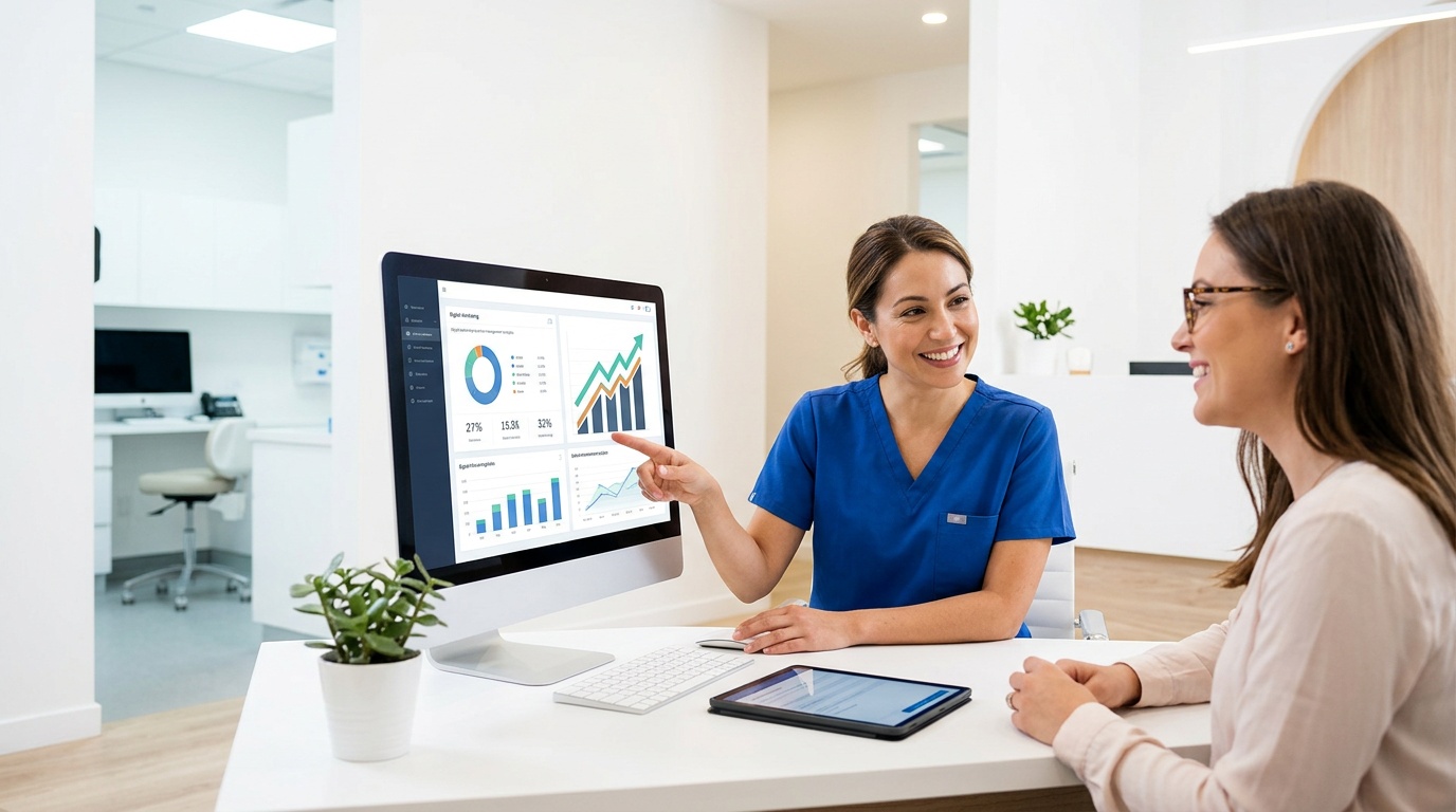 Dental practice reviewing training reporting costs and performance measures