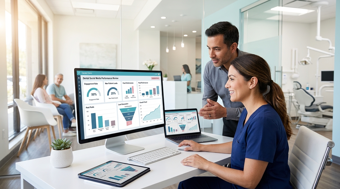 Dental practice team reviewing a free social media management report