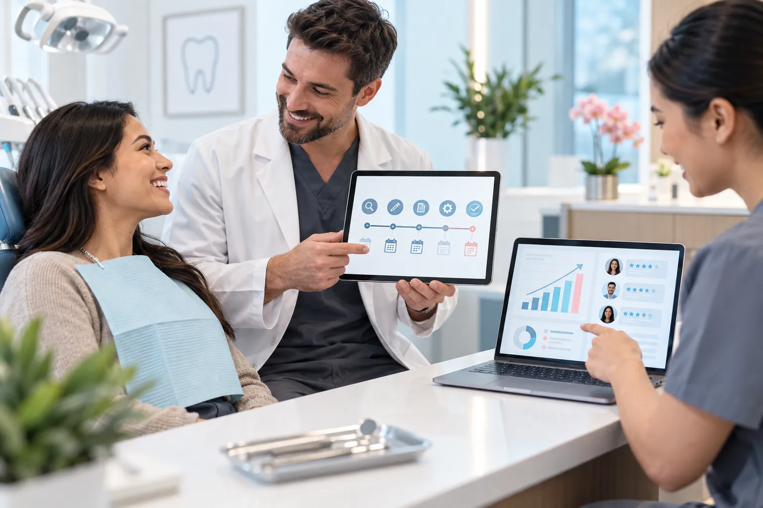 Modern dental website design illustration featuring technology icons and lead generation graphics