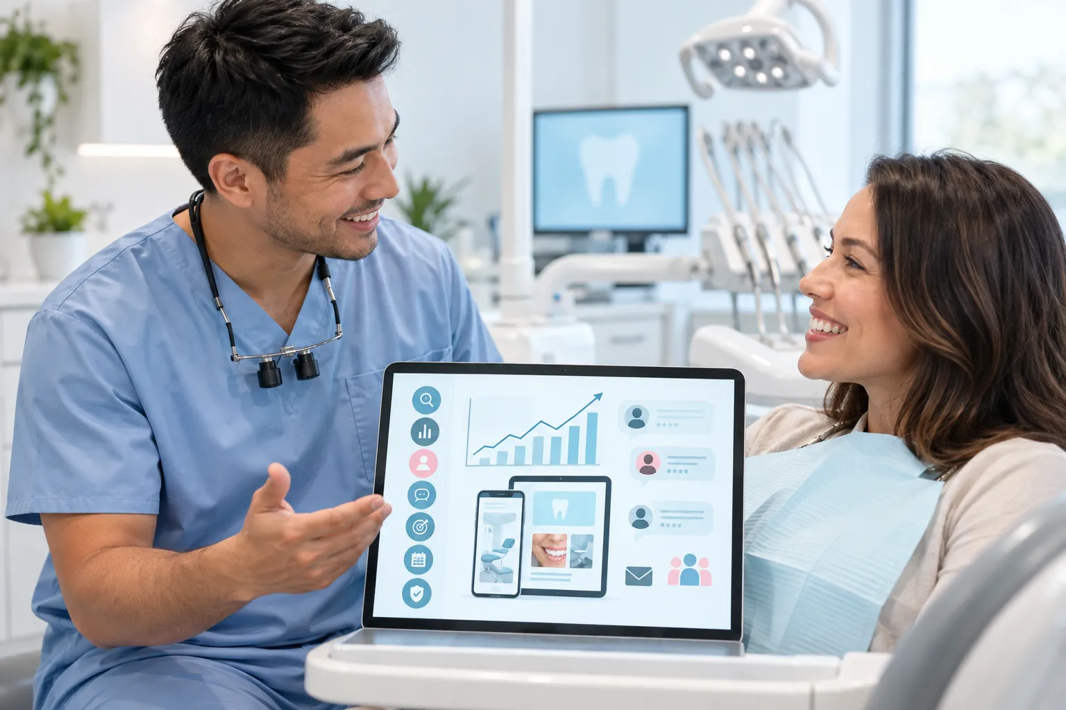 Digital marketing dashboard showing tooth icon with rising growth charts