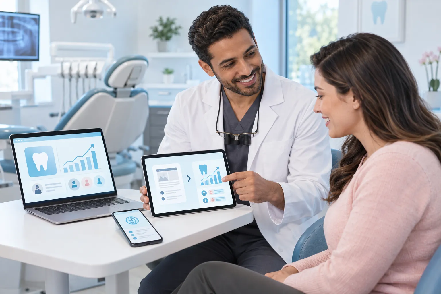 Digital marketing dashboard showing dental leads, website growth, and conversion metrics