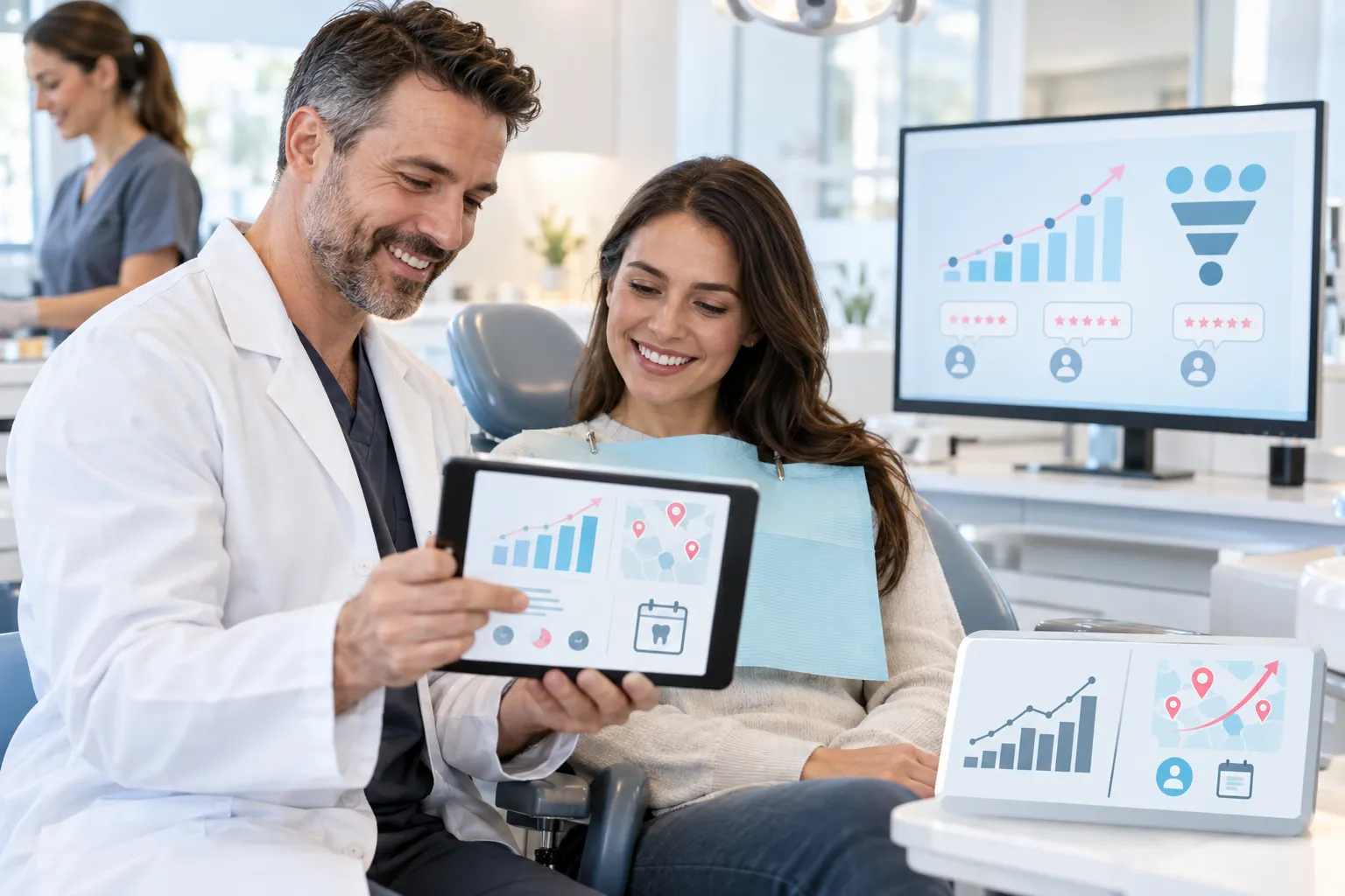 Dental marketing analytics dashboard showing lead generation, technology, and practice growth