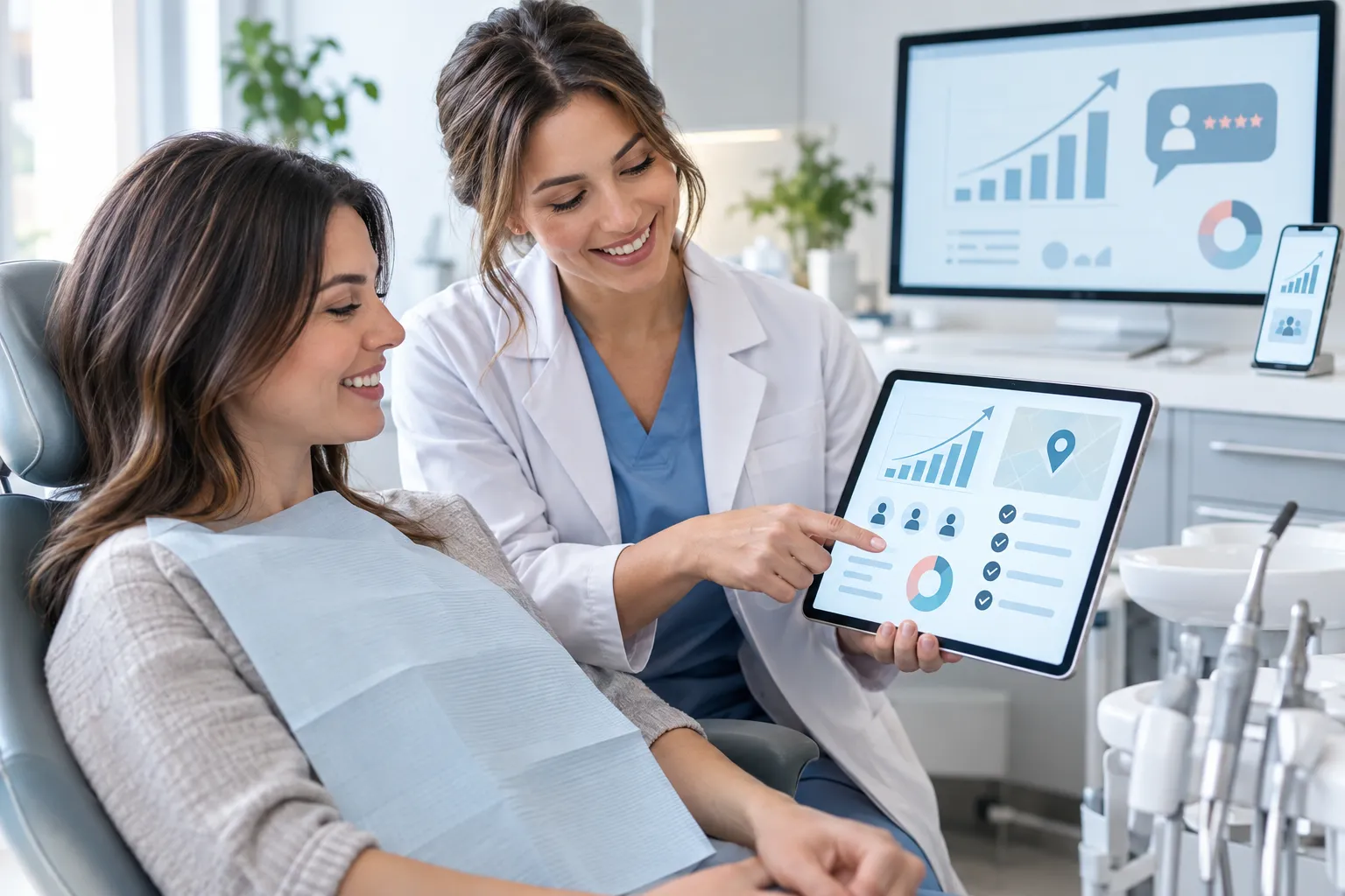 Dental marketing partners review lead-generation strategies on a growth chart and digital dashboard